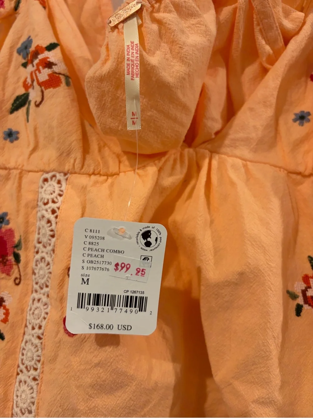 Free People Peach Embroidered V-Neck Flutter Top